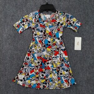 LuLaRoe Disney Adeline Dress Girls 4 Multicolor Mickey Mouse A Line Knit Stretch